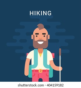 Hiking Concept. Smiling, Bearded Young Man with Backpack and Stick for Hiking