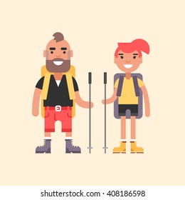Hiking Concept. Smiling Young Man and Girl with Backpack and Stick for Hiking