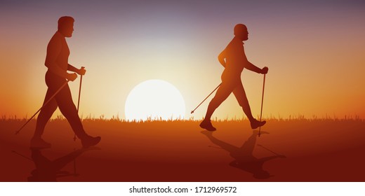 Concepto de senderismo con dos hombres de diferentes edades que practican el senderismo nórdico en un carril rural.