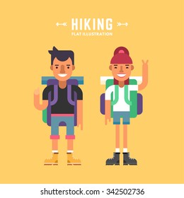Hiking Concept. Two Tourists with Backpacks Standing and Smiling. Male and Female Cartoon Characters. Flat Design Vector Illustration