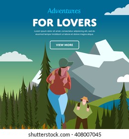 Hiking concept vector illustration. Couple of outdoor adventure. Backpacker in forest. 
