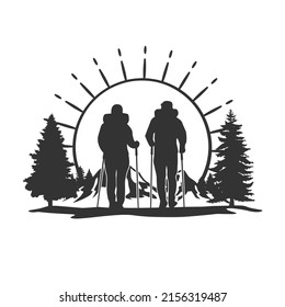 Hiking Couple Illustration Clip Art Design Shape. Mountains Silhouette Icon Vector.