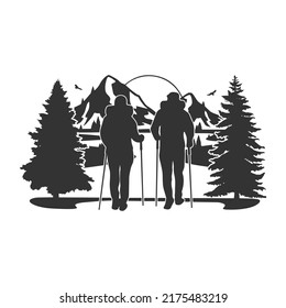 Hiking Couple Illustration Clip Art Design Shape. Lake Scene Silhouette Icon Vector.