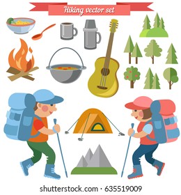 Hiking couple. Man and woman. Flat characters. Tent, pot, guitar, bonfire. Mountain.
Vector flat set. 