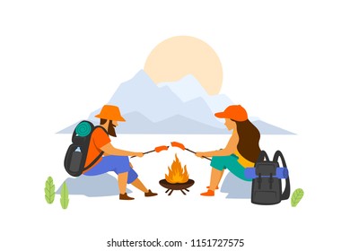 hiking couple sitting at campfire isolated vector graphic  scene