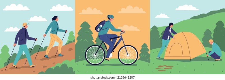 Concepto de diseño de senderismo con gente caminando con palos escandinavos montando en bicicleta montar una carpa de campamento ilustración vectorial plana