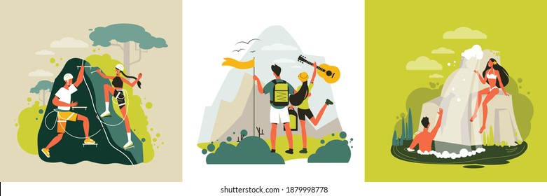 Hiking design concept with set of square compositions with lovers couple of travelers in different locations vector illustration