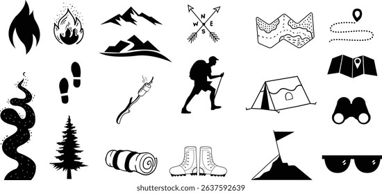 Hiking Design set,Hiking icon and illustration collection, Hand drawn design element,mountain trail,peak, camping ,outdoor,night camp activity.