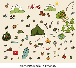 Hiking doodle line elements set. Vector touring hand drawn illustration.