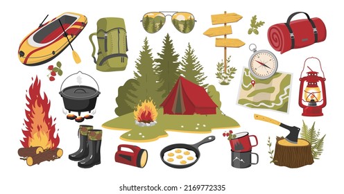 Hiking Elements Set: Tent, Campfire, Hatchet, Boat, Kettle, Flashlight. Vector Clipart.