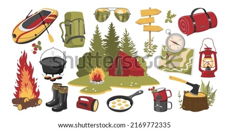 Hiking elements set: tent, campfire, hatchet, boat, kettle, flashlight. Vector clipart.