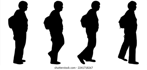 Hiking. Entertainment for older people. Four black female silhouettes are isolated on white. An older woman in a tracksuit and with a backpack on her back. Women go in a row, one after another