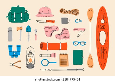 Hiking equipment accessories set. Binoculars, hiking shoes, travel bag, magnifying glass, rope, gaslamp, knife, kayak, notebook.