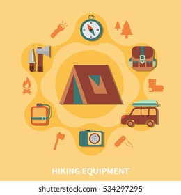 Hiking equipment and accessories for tourists and elements vector illustration