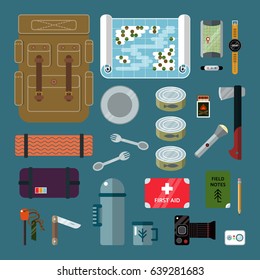 hiking equipment: backpack, sleeping mat, sleeping bag, flint, knife, map, plate, fork & spoon, thermos, cup, fish tins, first ai, photo camera, gps navigator, watches, matches, axe, flashlight...