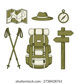 Hiking Equipment Backpack Vector Icon Set Illustration