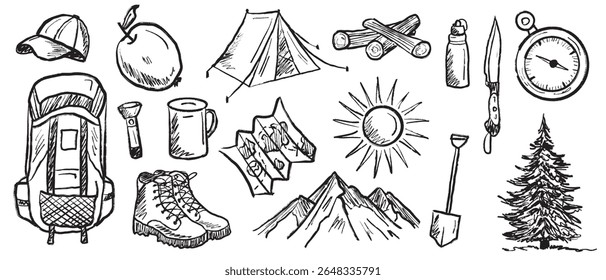 Hiking equipment in black brush stroke texture isolated on white. Hand drawn vector sketch illustration in vintage charcoal ink. Tourist kit map, tent, wooden logs, compass, knife, backpack, mountain