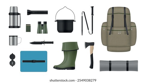 Hiking equipment camping travel adventure outfit set realistic vector illustration. Summer camp hiker trekking tourism expedition accessories thermos binoculars matches backpack knife mat pot