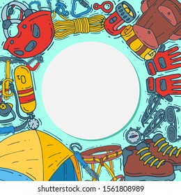Hiking equipment circle vector set illustration. Mountain climbing, alpinism and mountaineering cartoon symbols located around place for text. Hiker adventures