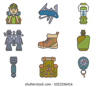 Hiking equipment and forest leasure vector icon set. Mountain hiking and trekking elements. Multitool, lantern, binocular, hiking boots, flask, flashlight, backpack, compass and etc.