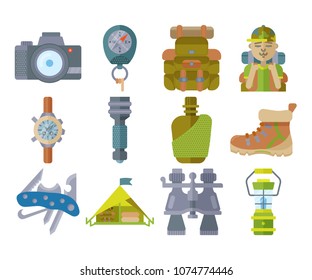 Hiking equipment and forest leasure vector icon set. Mountain hiking and trekking elements. Multitool, lantern, binocular, hiking boots, flask, flashlight, backpack, compass and etc. Flat icons