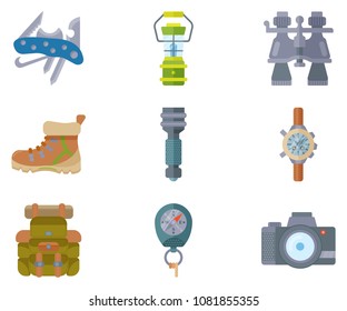 Hiking equipment and forest leasure vector icon set. Mountain hiking and trekking elements. Multitool, lantern, binocular, hiking boots, flashlight, backpack, compass and etc. Flat icons without outli