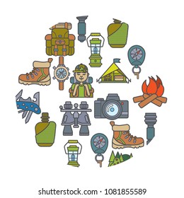 Hiking equipment and forest leasure vector icon set. Mountain hiking and trekking elements. Multitool, lantern, binocular, hiking boots, flask, flashlight, backpack, compass and etc. Flat icons