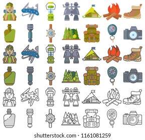 Hiking equipment and forest leasure vector icon set. Mountain hiking and trekking elements. Multitool, lantern, binocular, hiking boots, flask, flashlight, backpack, compass and etc. Line art icons.