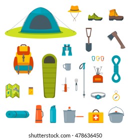 Hiking equipment and gear icon collection. Tourist camp tools. Set of outdoor elements.