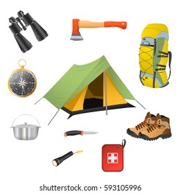 Hiking Equipment And Gear Vector Icon Collection.