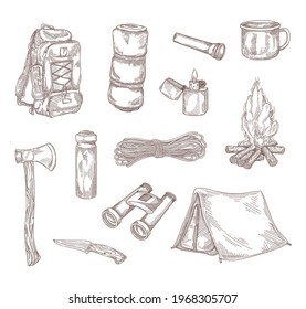 Hiking Equipment Hand Drawing Vector Illustration Set. Engraved Travel Backpack, Knife, Axe, Mug And Camp Tent Vintage Sketch. Tourism And Adventure Concept