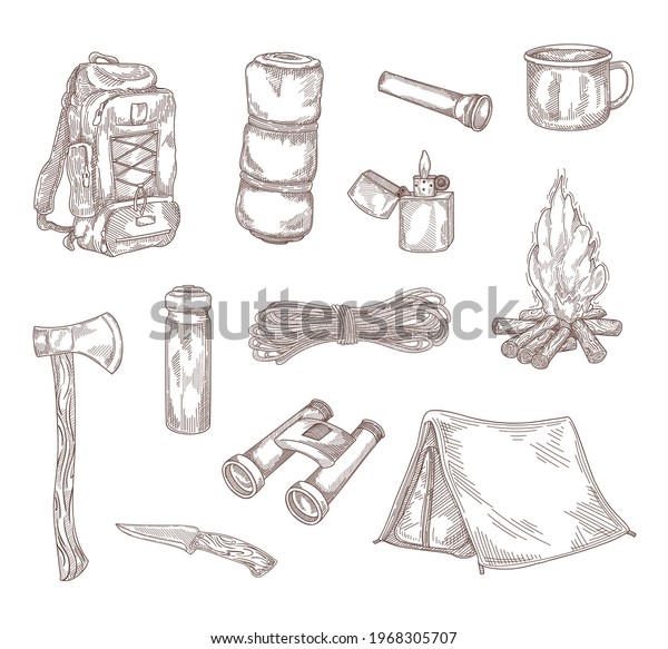 Hiking Equipment Hand Drawing Vector Illustration Stock Vector (Royalty