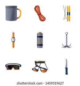 Hiking equipment icon set. Cartoon set of 9 hiking equipment vector icons for web design isolated on white background