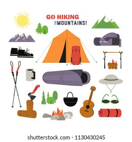 Hiking equipment icon set. Go on a hike slogan. Time hiking the mountains design element collection in retro cartoon style. Adventure camping symbols. Tourism banner background. Vector illustration 