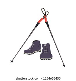 Hiking equipment icon. Tourist walking shoes, sticks retro cartoon. Adventure trip symbol. Journey logo, banner background. Trekking gear boots poles. Extreme tourism outdoor sport vector illustration