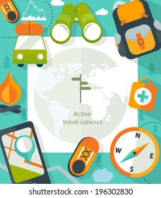 Hiking equipment info graphics,mountain and travel icons, Vector. 