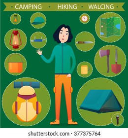 hiking equipment for a Man, vector illustration