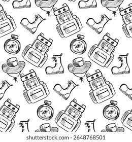 Hiking equipment pattern featuring backpacks, boots, hats, and compasses in a monochrome design.