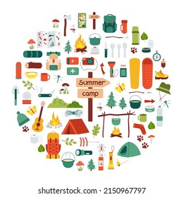 Hiking Equipment In A Round Composition. Set Of Items For Camping. Travel Supplies Icons For Outdoor Base Camp. Backpack, Campfire, Tent, Pointers, Bowler Hat. Isolated Flat Vector Illustration