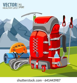 Hiking equipment, rucksack, poles, rope, helmet, ice pick. Mountaineering. Mountains. Vector illustration.