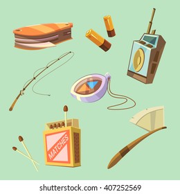 Hiking equipment set with axe matches and knife on green background isolated vector illustration 