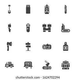 Hiking equipment vector icons set, modern solid symbol collection, Camping filled style pictogram pack. Signs logo illustration. Set includes icons as axe camping trailer, backpack, binoculars lantern