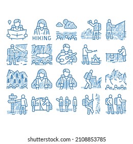 Hiking Extreme Tourism sketch icon vector. Hand drawn blue doodle line art Hiking Tourist And Bard With Guitar, Fisherman And Photographer, Camp And Waterfall Illustrations
