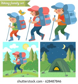 Hiking family. Father, mother and son. Hiking trail and a tent. Starry night. 
Vector flat set.