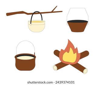 Hiking fire and pot set isolated on white background. Camping flame and cookers. Expedition trekking pans and campfire vector flat illustration.
