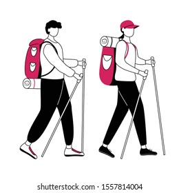 Hiking flat contour vector illustration. Budget tourism. Cheap traveling ideas isolated cartoon outline character on white background. Active vacation in forest, mountains simple drawing