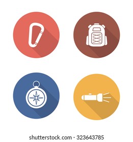Hiking flat design icons set. Travel and camping white silhouette illustrations. Mountain climbing equipment long shadow round symbols. Tourist backpack and carabiner.Vector infographics elements