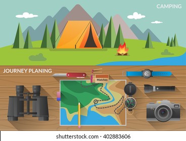 Hiking flat horizontal banners with journey planning. Travelers and camping vector illustration