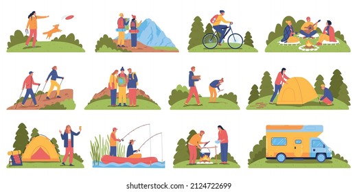 Hiking flat set of people setting up camp tent fishing from boat walking with dog isolated vector illustration