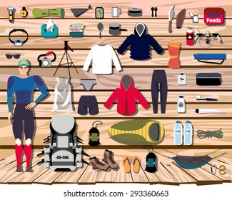 hiking flat vector.Overhead view of hiking for a backpacking trip on a rustic wood floor.